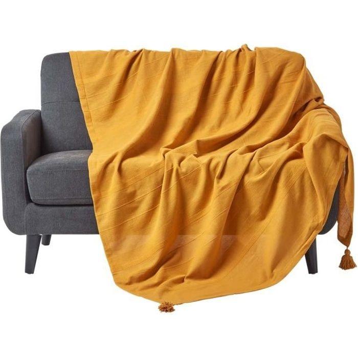 Jeté de lit ou de canapé - HOMESCAPES - Rajput - Jaune moutarde - 225 x 255 cm - 100% coton