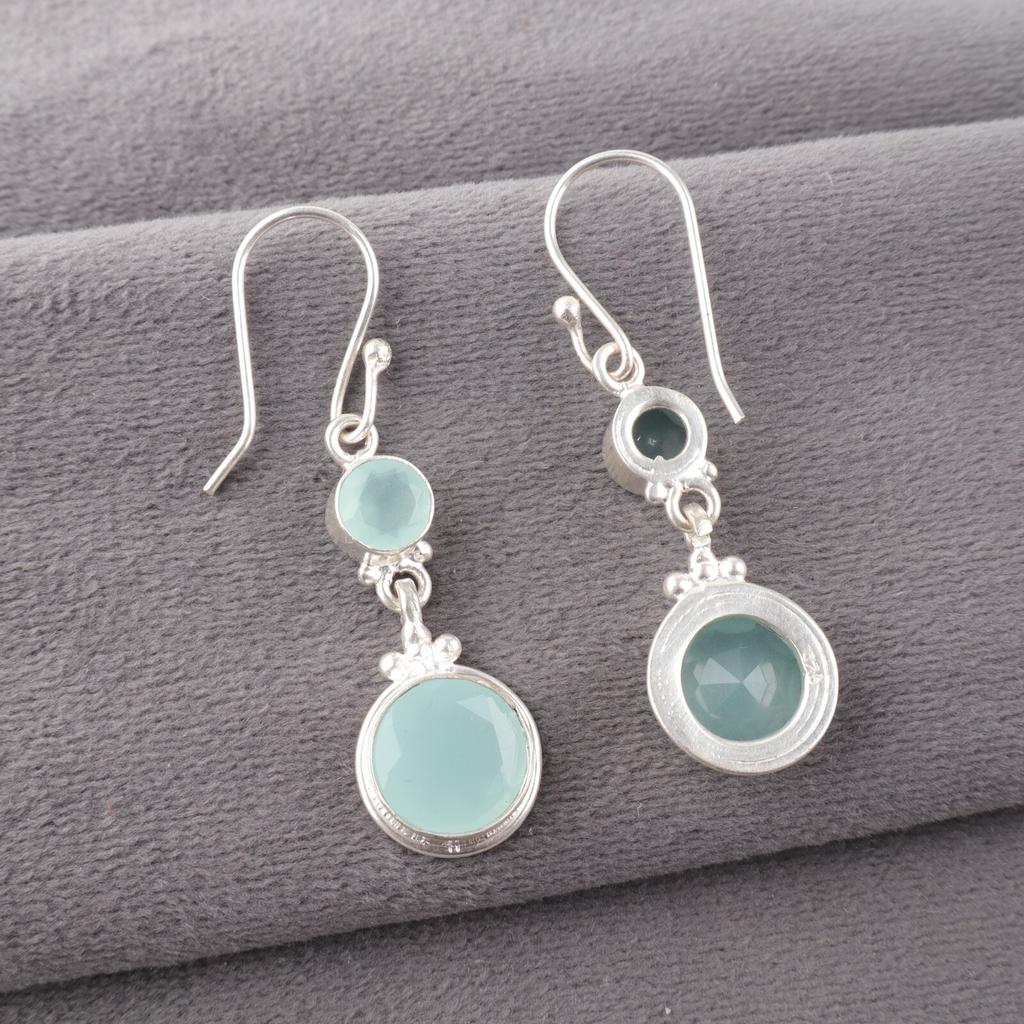Aqua Chalcedony Gemstone 925 Sterling Silver Handmade Jewelry Bohemian Earrings EE-160-18