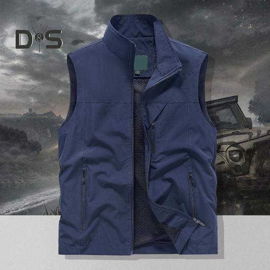 Herre Vest Ståkrage Ermeløs Glidelåslukking Vestjakke med Store Lommer Ensfarget Utendørs Fiskevest