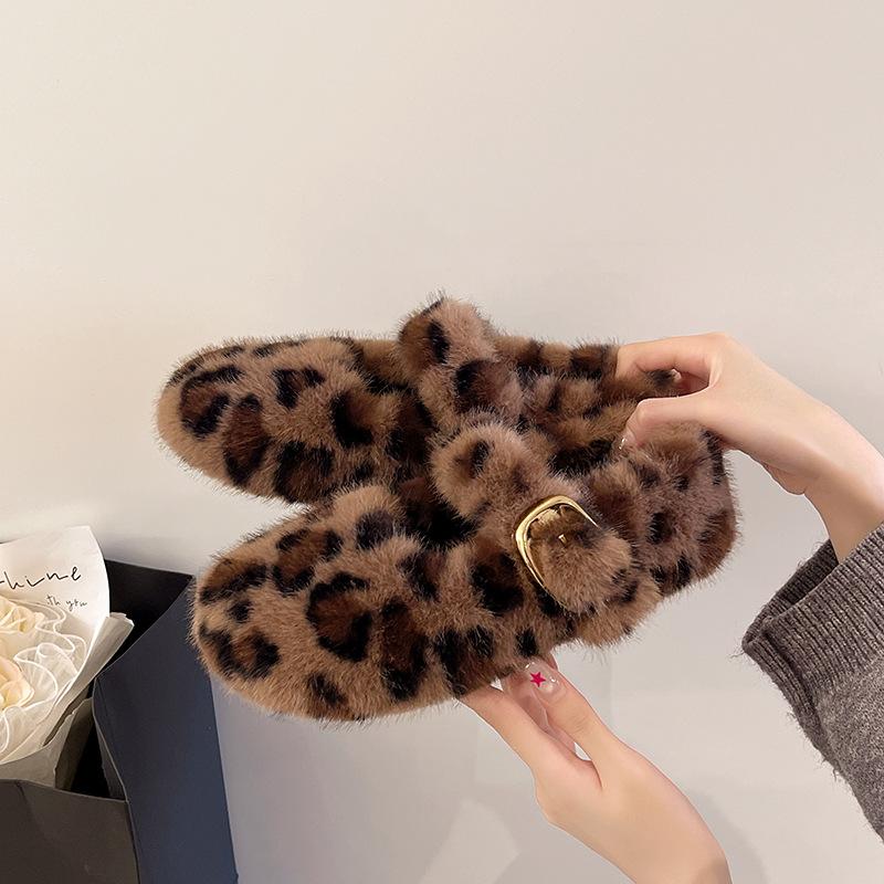 2025 Autumn and Winter New Fashion Fluffy Leopard Print Flat Bottom Buckle with Warm Versatile Fluffy Slippers Boken Shoes Women
