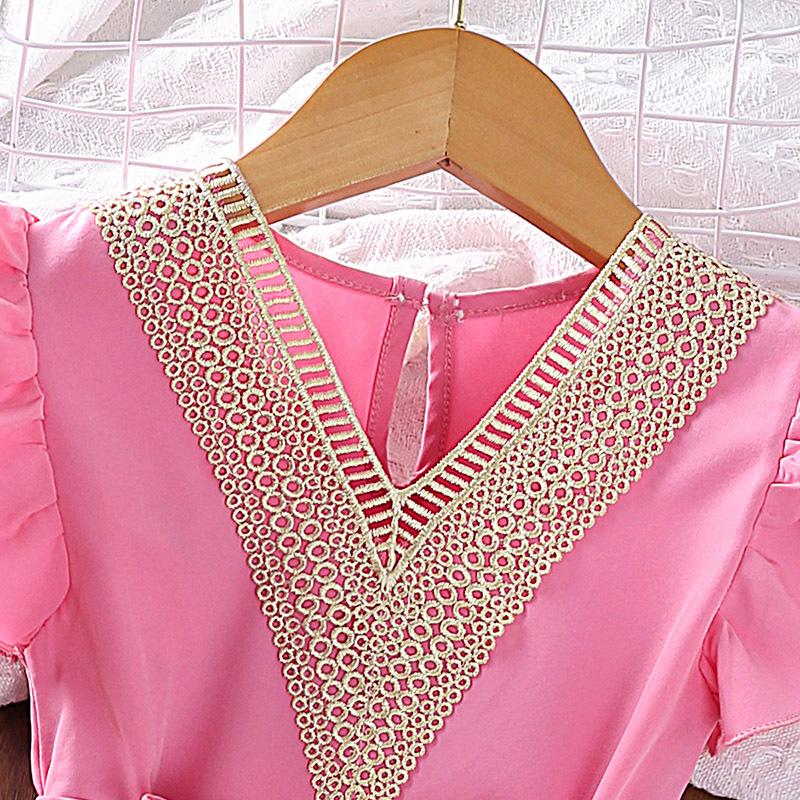 Children'S Clothing European And American Style Girls' Dress New Summer Model With Flutter Sleeves Lace Trim Small V-Neck Princess Dress