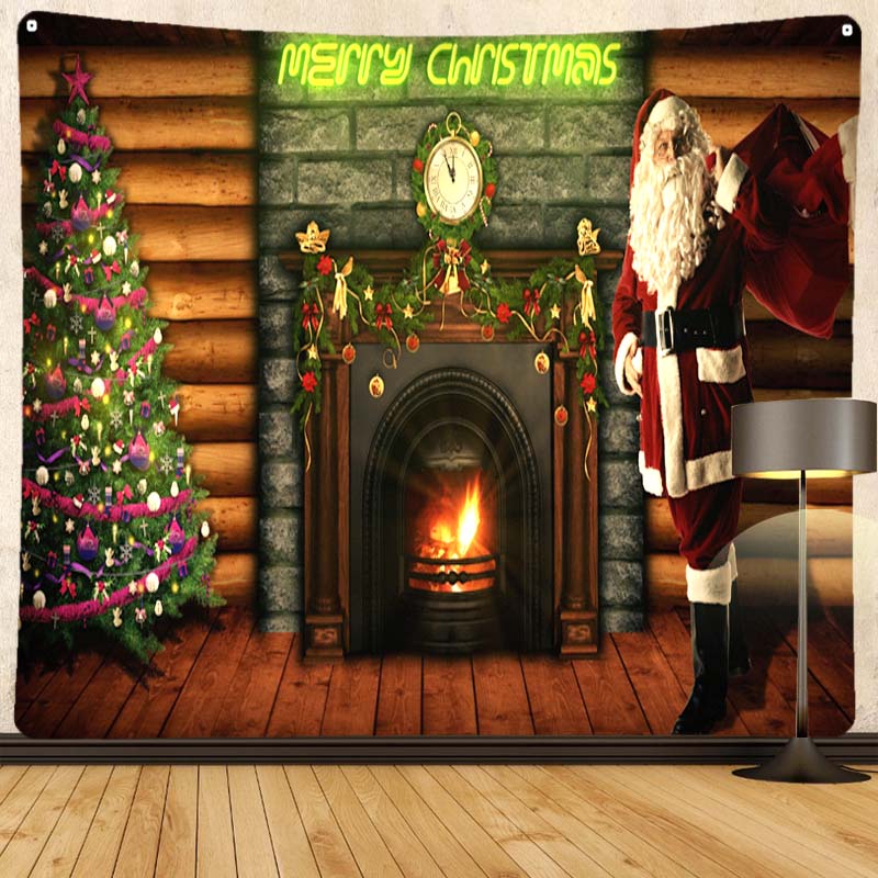 Merry Christmas Santa Claus Fireplace Print Pattern Tapestry Home Living Room Bedroom Decoration Background Cloth Tapestry