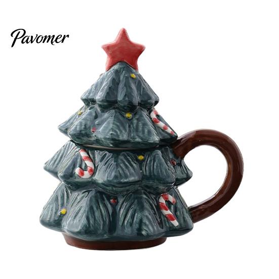 Christmas Tree Coffee Mug with Star Lid, 340ml Festive Holiday Cup for Hot Gift Girlfriend at Cocoa And Milk, Retro Curved Handle Microwave