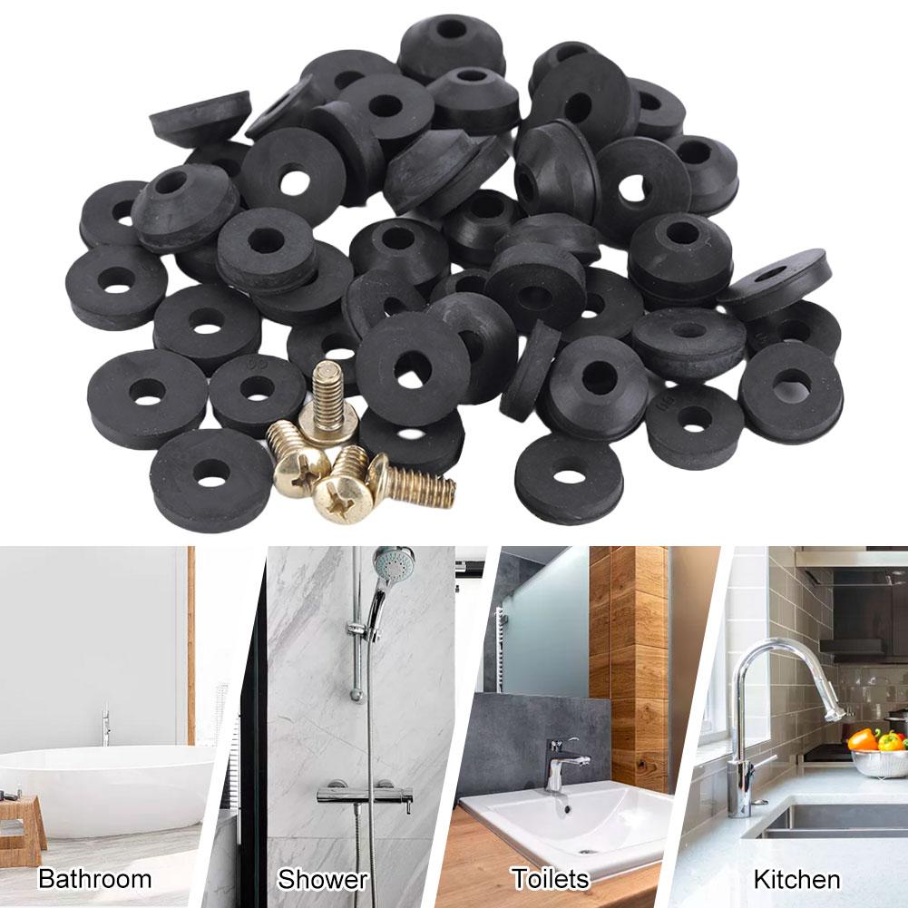 48 stk Rørleggerkran Tetningsskive O-ring Gummi Kranskive Sortiment med Skruer Flat Fasettert for Kjøkkenkran eller Vask Lekkasje