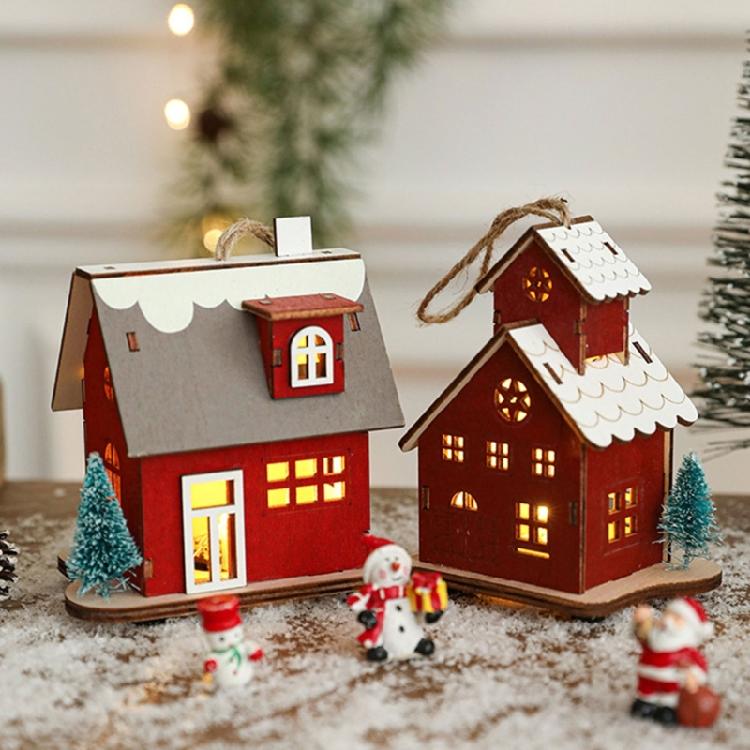 Wood Christmas Cabin with Light Elegant Christmas Village Wood Houses with Soft Lighting Indoor Decors Gift