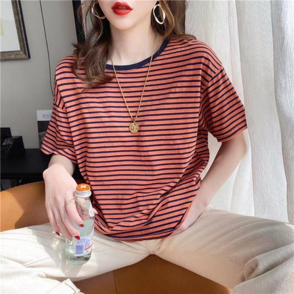 Top da studente a righe larghe, morbida T-shirt, da donna, estiva, coreana, Sle F Sve Ort Sve, top in puro poliestere, versatile, abbigliamento casual