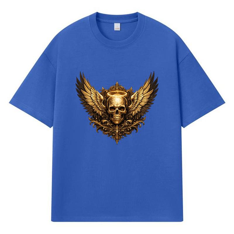 2026 Skull With Wings And Halo Printed Graphic Y2k Harajuku Streetwear 100% Cotton T Shirt Casual Oversized Summer Men T-shirt