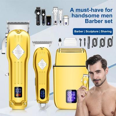 Men Hair Clipper Kit 3 In 1 Cordless Haircut Set Electric Shaver Beard Trimmer Stainless Steel Blades LCD Display USB Charging Cables Razor
