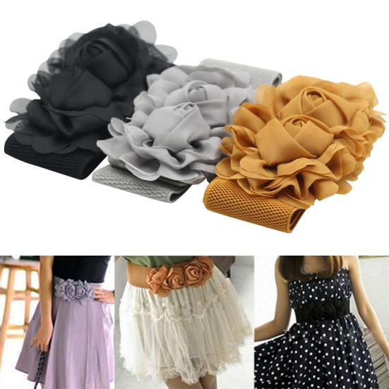 Women's Fashion Double Rose Flowers Elastic Stretch Waist Belt Wide Stretch Waistband