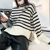 Korean Turtleneck Long-sleeve Knitted Pullover Women's Autumn Winter Loose Color Blocked Stripes Sweater Jacket Y2k Top Female
