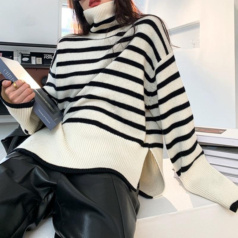 Korean Turtleneck Long-sleeve Knitted Pullover Women's Autumn Winter Loose Color Blocked Stripes Sweater Jacket Y2k Top Female