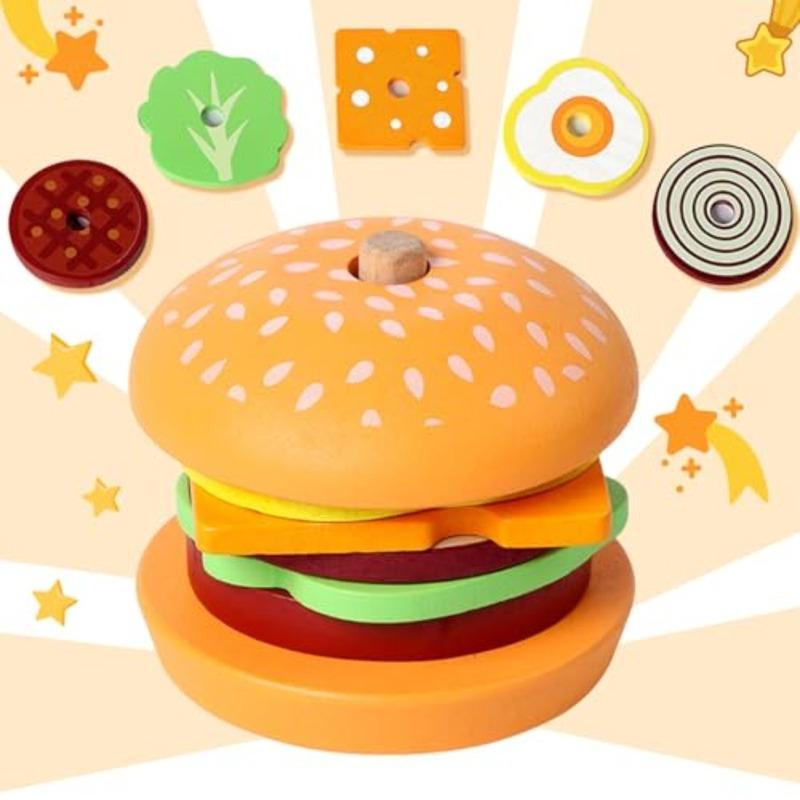 Montessori Toys Wooden Burger Stacking Toys for Toddler Educational Fine Motor Skills Foods Preschool Learning Blocks Gifts Boy