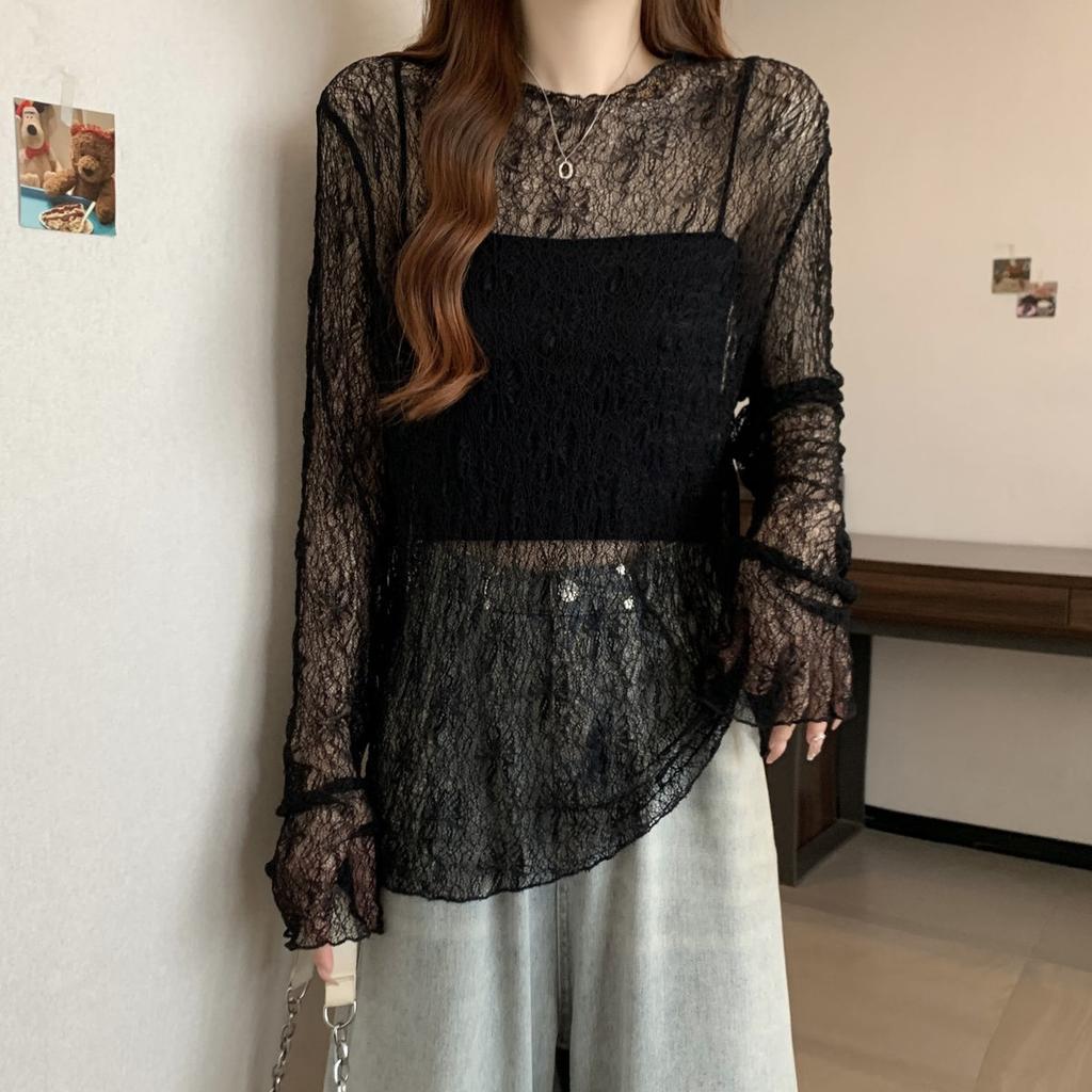 Black Thin Slightly Transparent Lace Shirt Long Sleeved T-shirt Women's Summer Plus Size Medium Long Outer Cover Top
