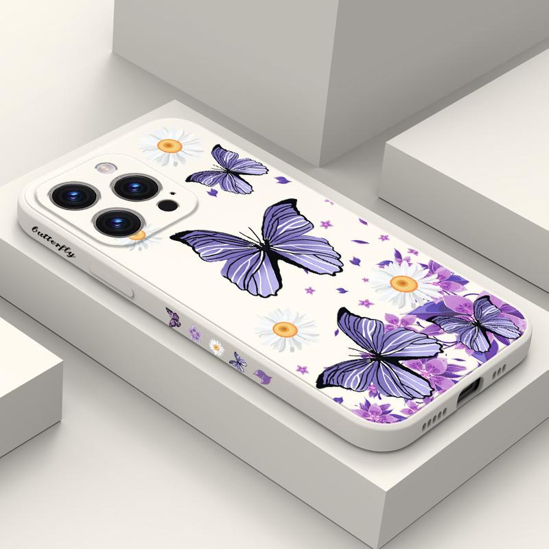 Butterfly Daisy Pattern Soft Liquid Silicone Fall Prevention Case Cover For iPhone 16 16e 15 Pro Max 14 Plus 13 12 11 X Xs Max 7 8 6 SE2 SE3