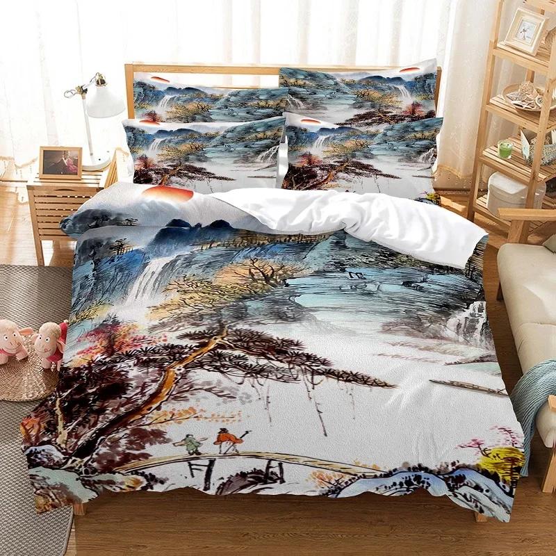 Comforter Ink Painting King Queen Chinese Landscape Painting Bedding Set Adults Idyllic Scenery Mountain Polyester