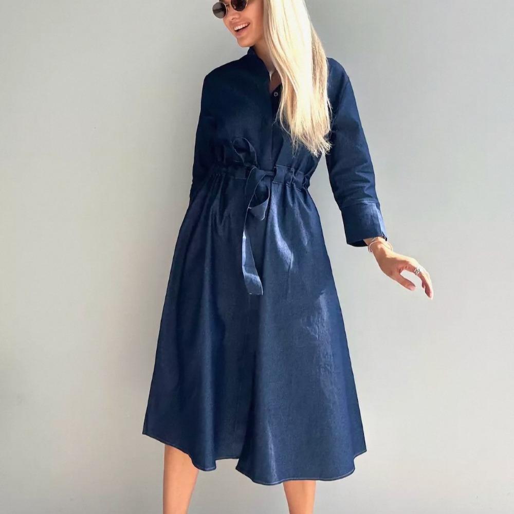 Women's Stand Collar Three Quarter Sleeve Midi Dress Loose Fit Workwear Style Denim Shirt Dress Solid Color Drawstring Waist A Line Dress
