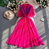 Ethnic style retro literary and artistic style embroidery V-neck short-sleeved dress women's new waist and thin big swing dress