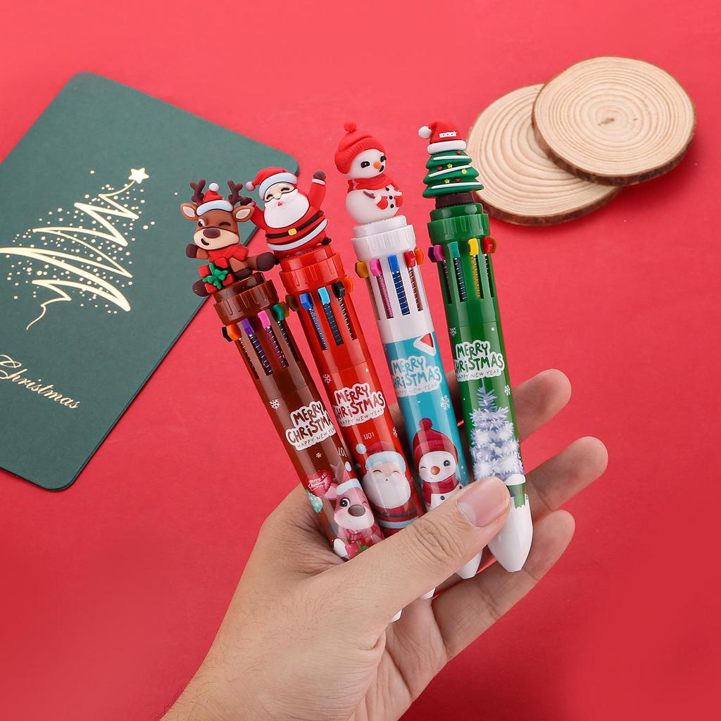 Christmas Cartoon Multi-Color Ballpoint Pen Set - Ten Colors, Perfect for Students and Holiday Gifts