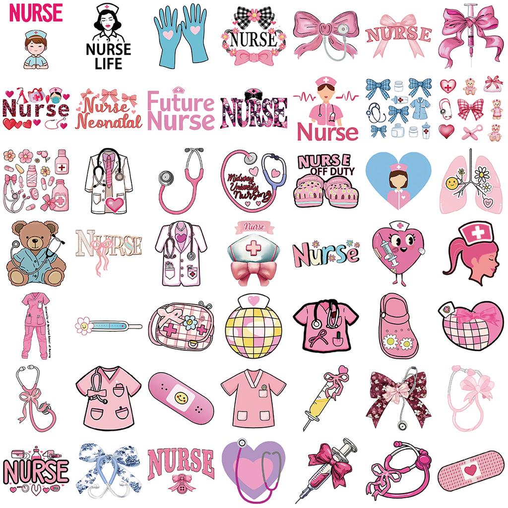 50 stuks Roze Strik Verpleegster Stickers Stethoscoop Naald DIY Decoratie voor Boek Envelop Telefoon Computer Leuke Doodle Stickers