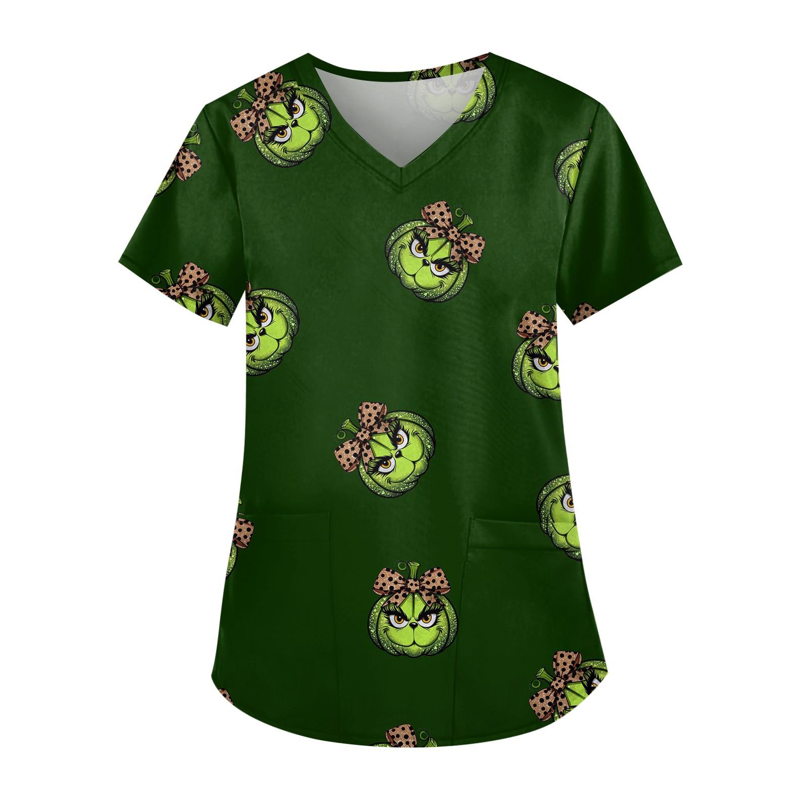 Women s Cute Printed Work Clothes V-neck Double Layer Pockets Basic Short Sleeve Top Pullover Christmas XXL
