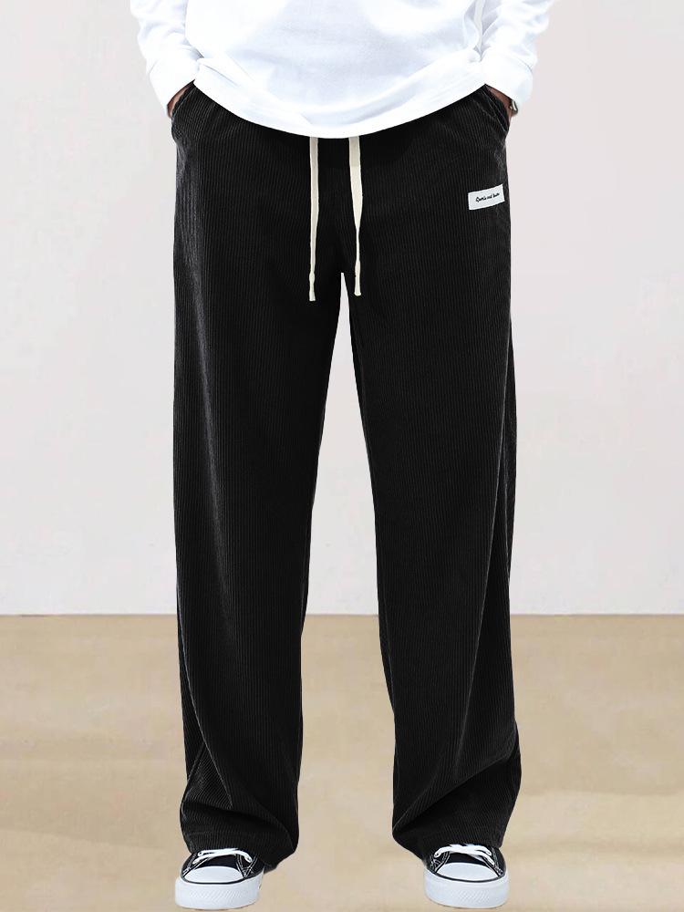 Men's Corduroy Drawstring Sweatpants - Solid Color, Straight-Leg, Cool, High-End, Wide-Leg, Long Pants.