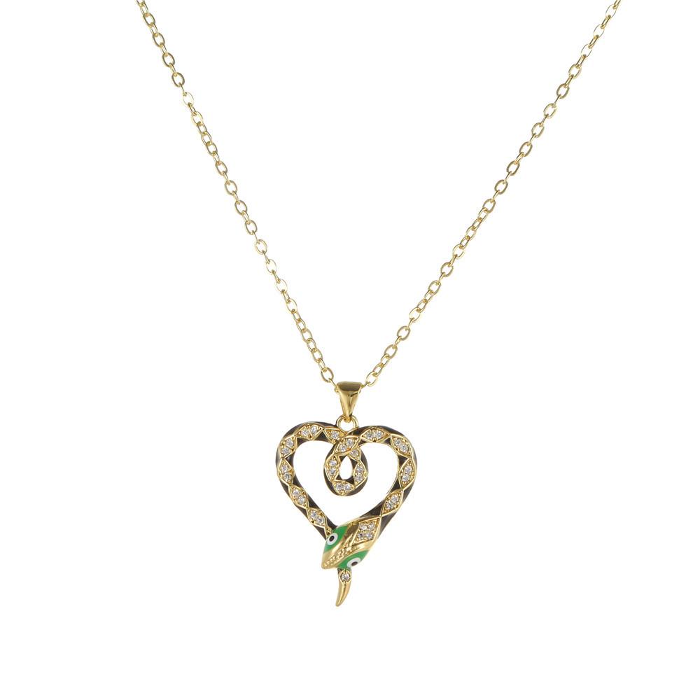 Luxury Copper Snake-Heart Pendant Necklace with Zircon & Glaze