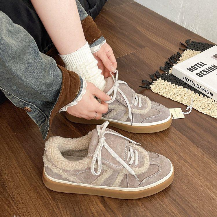 Retro versatile lace-up leather training shoes women's new lamb wool plush warm wool shoes casual sports board shoes