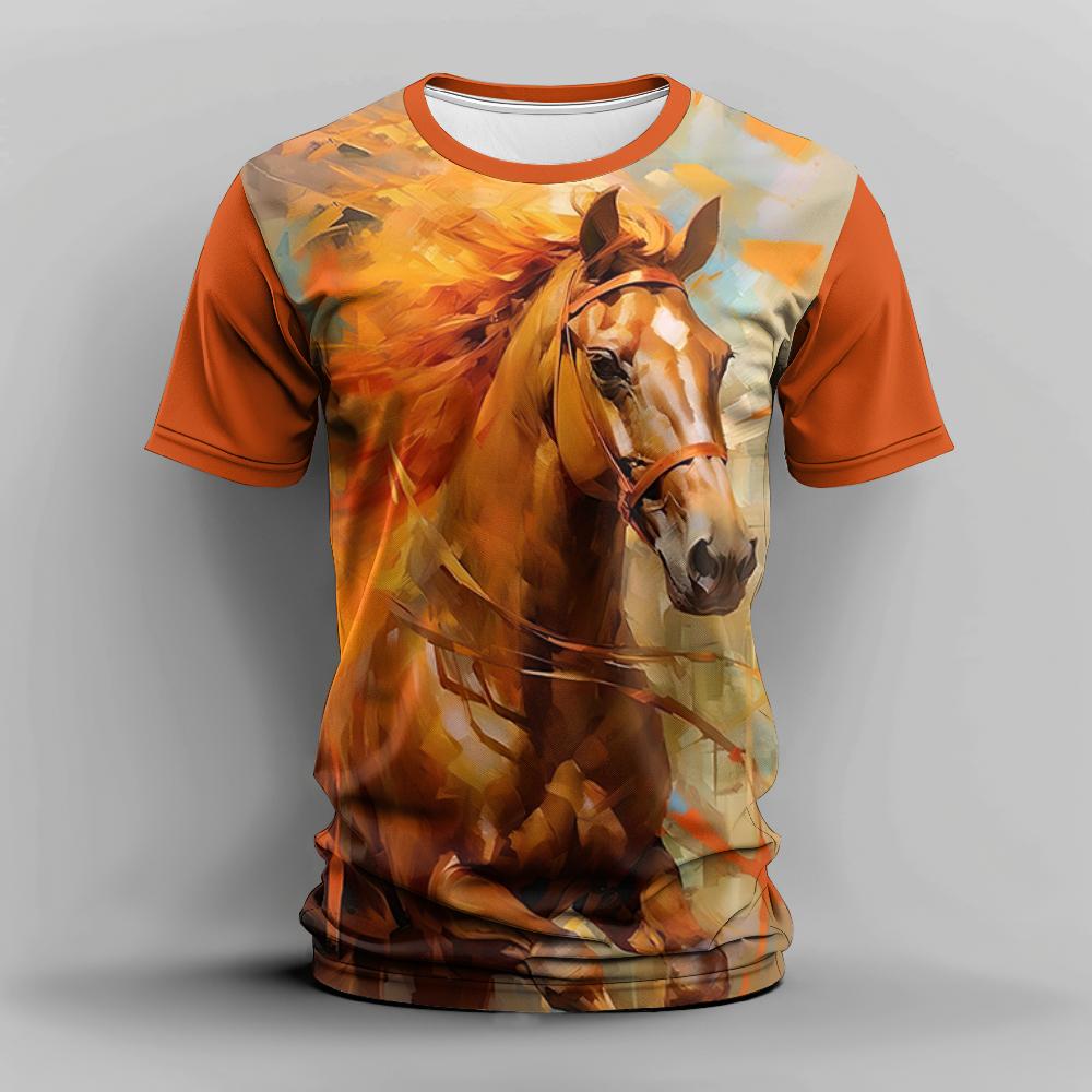 Summer Men's T Shirt 3d Horse Print Casual Crew Neck Short Sleeve Tee Oversized Clothing Animal T-Shirts Fashion Streetwear Race