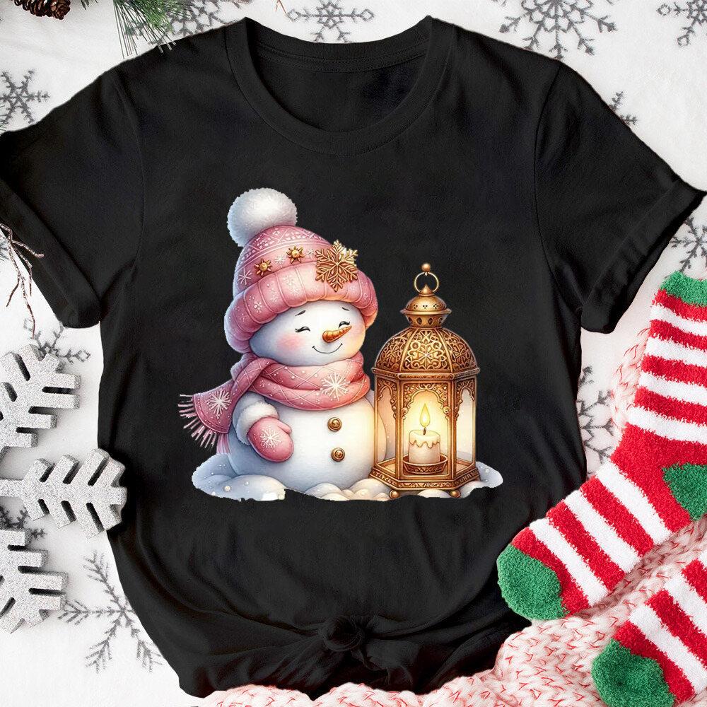 Christmas Pink Snowman T-shirt Christmas Activities TShirts Women Unisex Casual Tops White T-Shirt Graphic TShirt Streetwear