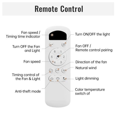 Sofucor Ceiling Fan with Light 132cm - 6 Speeds - Remote Control - 3 Wooden Blades - Reversible DC Motor