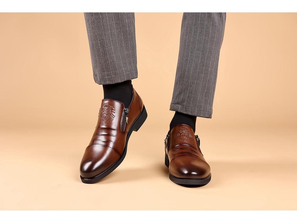 Men's Autumn/Winter Business Casual Leather Shoes with Lion Head Zipper – High & Low Top, Pointed Style