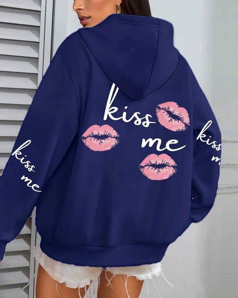 Kiss Me Lip Print Women's Autumn Fleece Hoodie with Pocket