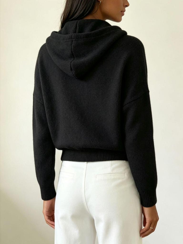 2026 Autumn/Winter European & American Women's Solid Color Zipper Hooded Knit Sweater