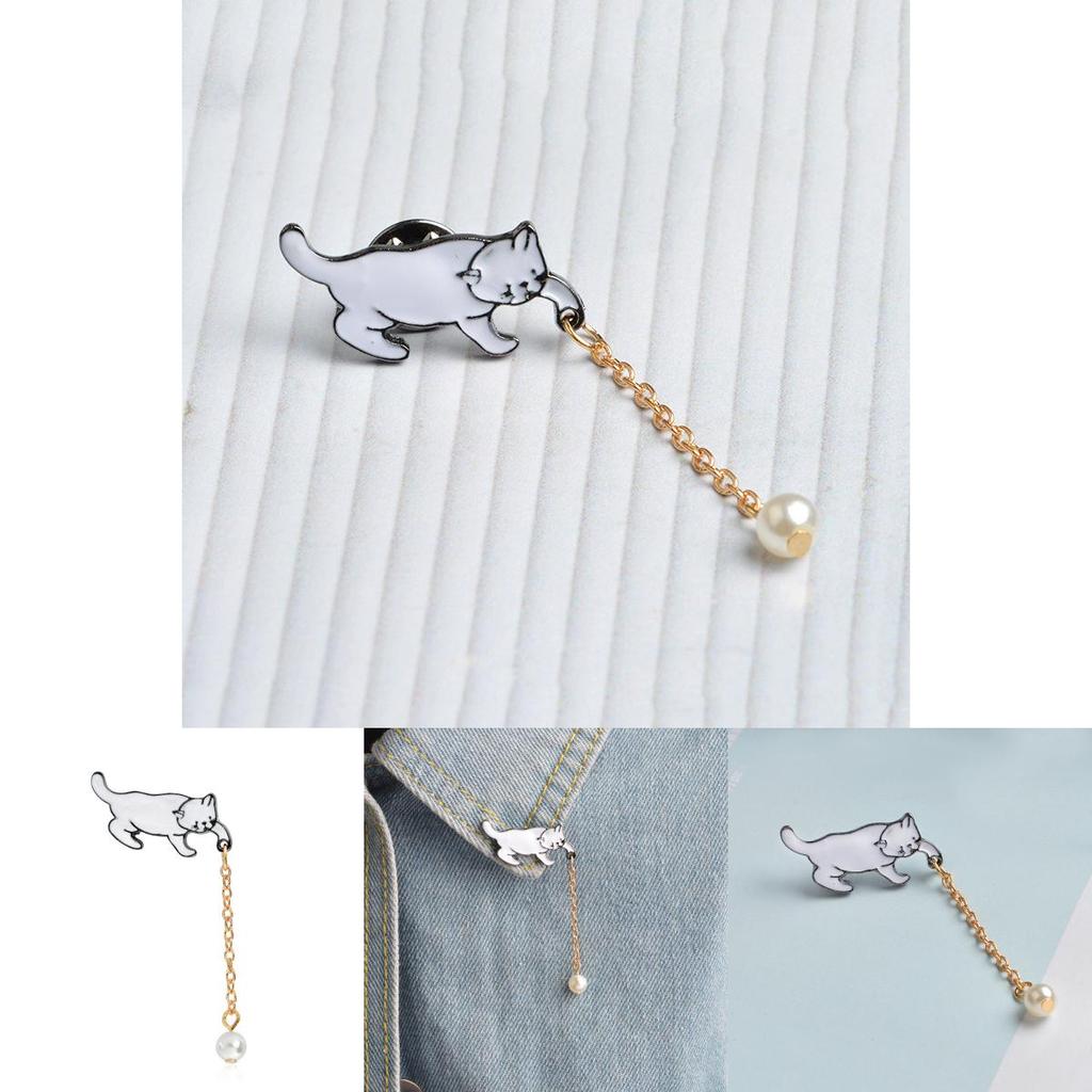 Cartoon Lovely Animal Brooch Displaying Adorable White Cat With Elegant Touch Pearl