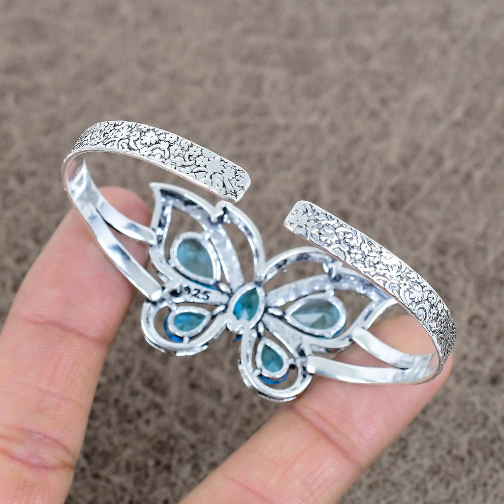 Blue Topaz Gemstone Handmade 925 Sterling Silver Cuff Bangle Adjustable KKG-110