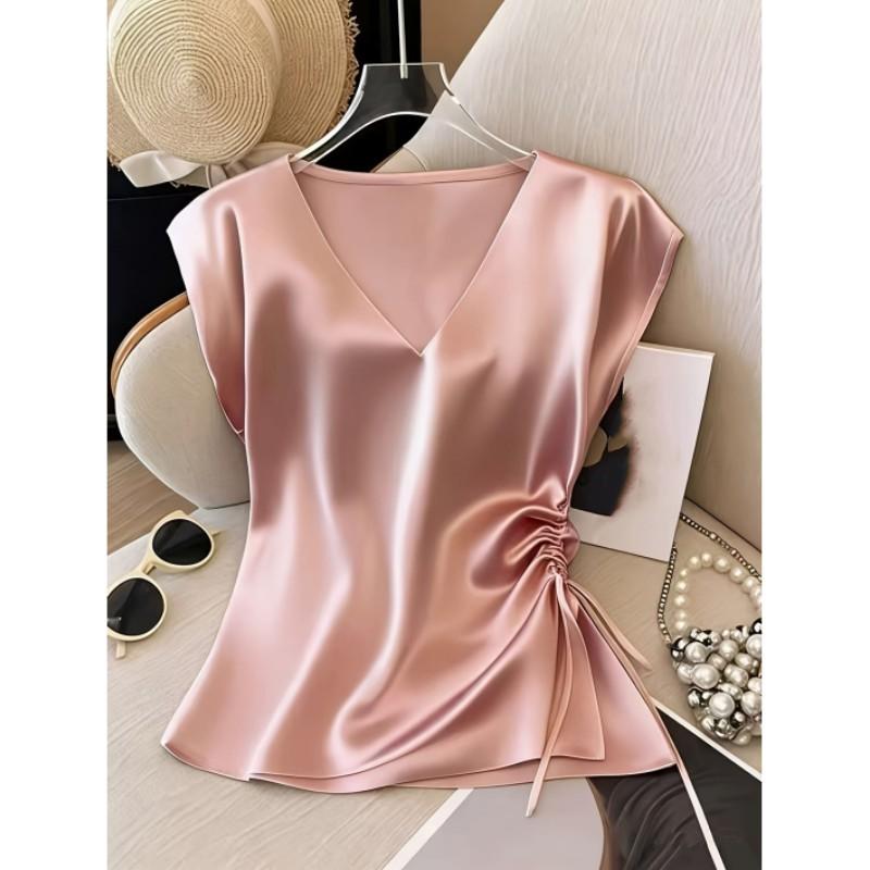 Leichtes Sommer-T-Shirt für Damen, V-Ausschnitt, Unifarben, Satin-Kurzarmhemd, Elegantes figurbetontes Oberteil