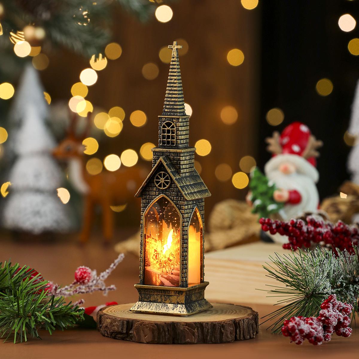 

Cross-border Christmas Lantern: Church-Shaped Night Light with Electronic Candle
