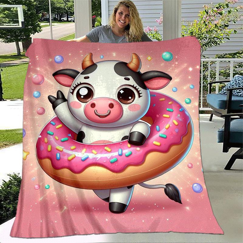 1pc Dairy Cow Printing Lightweight Flannel Blanket, Comfortable and Warm Blanket, for Camping Sofa Bed and Couch Office, Gift