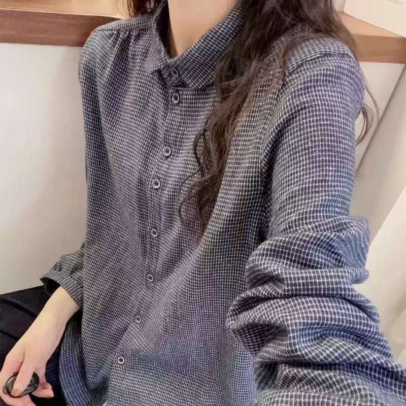 Dámská modrá kostkovaná košilová bunda s dlouhým rukávem z bavlny a lnu - Jarní kolekce
