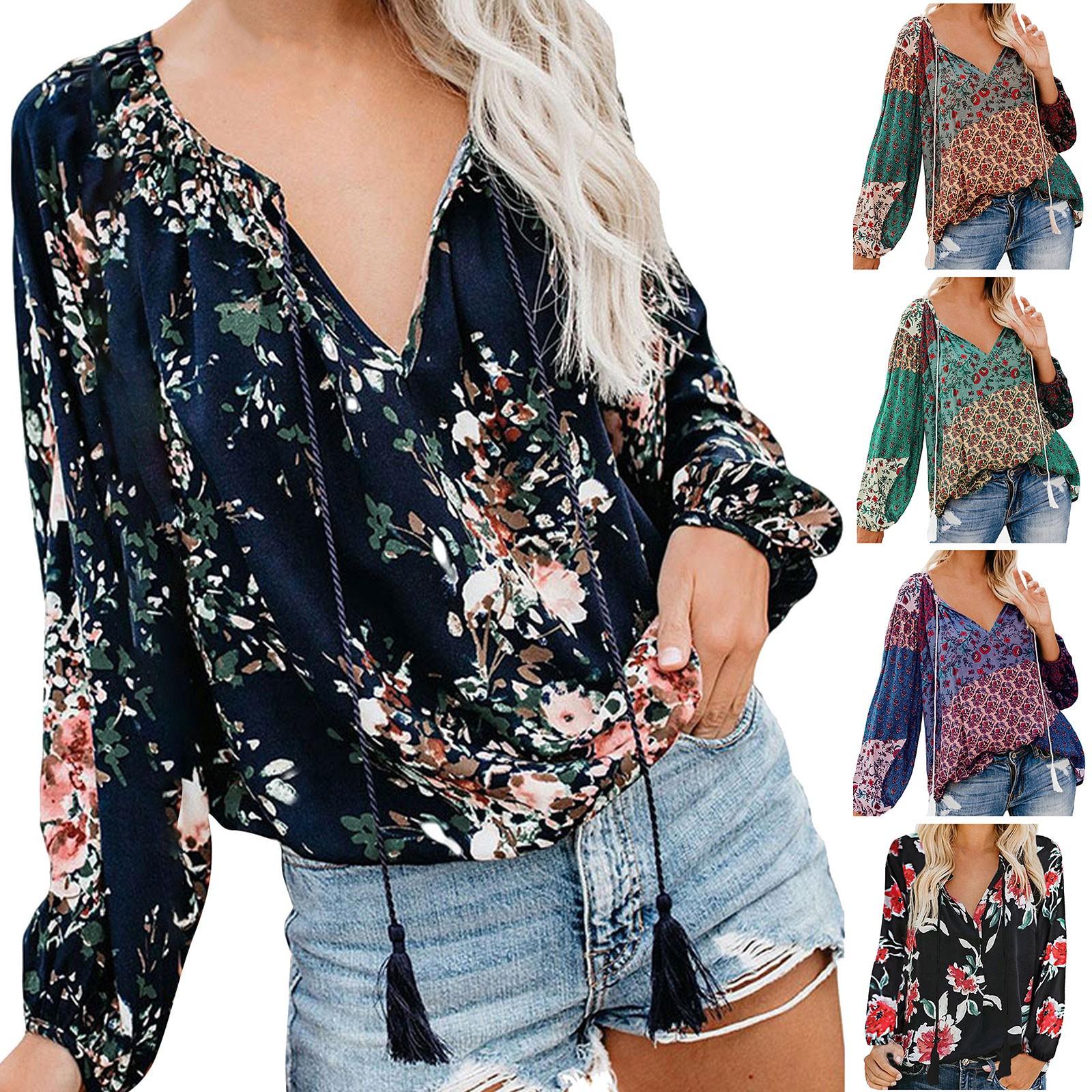 

Модные женские рубашки с цветочным принтом и V-образным вырезом с длинными рукавами, повседневные свободные блузки, топы