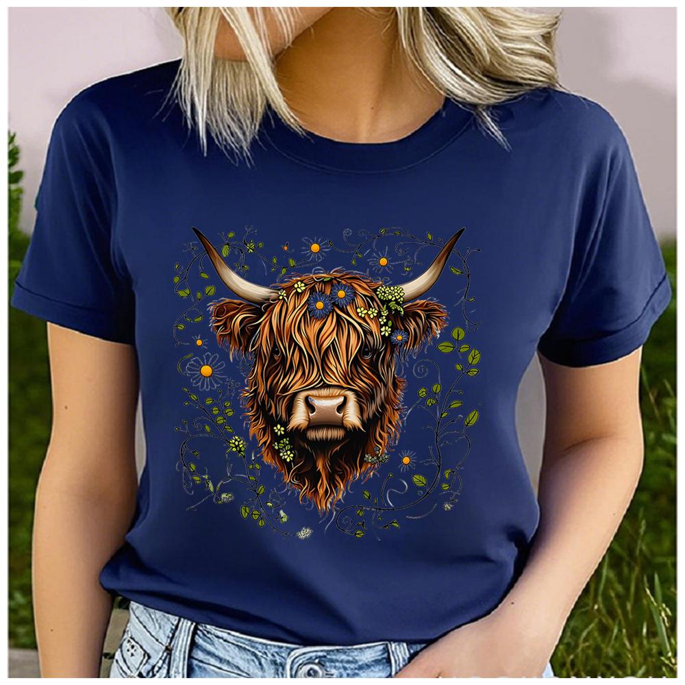 Womens Cotton Cute Yak Print Tshirt Loose round Neck Casual Short Sleeve Fashion Top Wholesale Clothing Summer