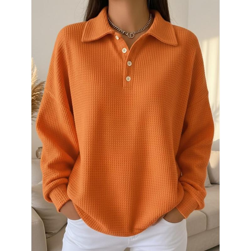 Loose Solid Color Turn Down Collar Waffle Long Sleeve Women Casual Polo Shirt