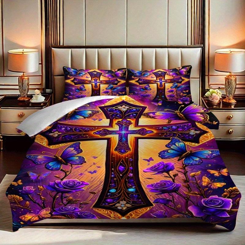 2/3Pcs Purple Rose And Cross Butterfly Printed Quilt Cover Set Hd Digital Printed Quilt Cover Set Contains Quilt Cover EU Single(135*200cm)3pcs
