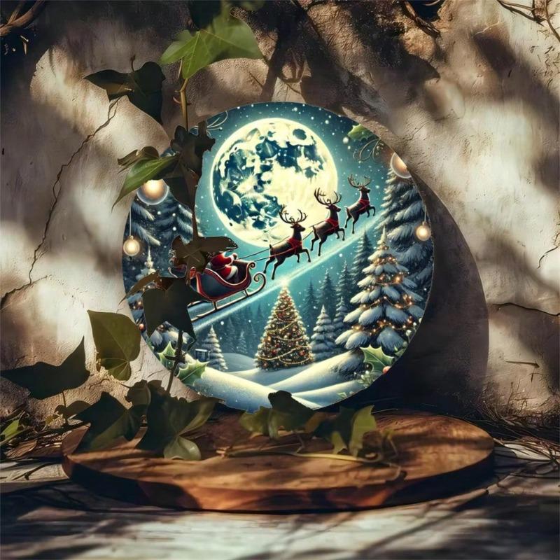 Vintage Santa Sleigh Iron Wall Art Round Metal Decor Panel