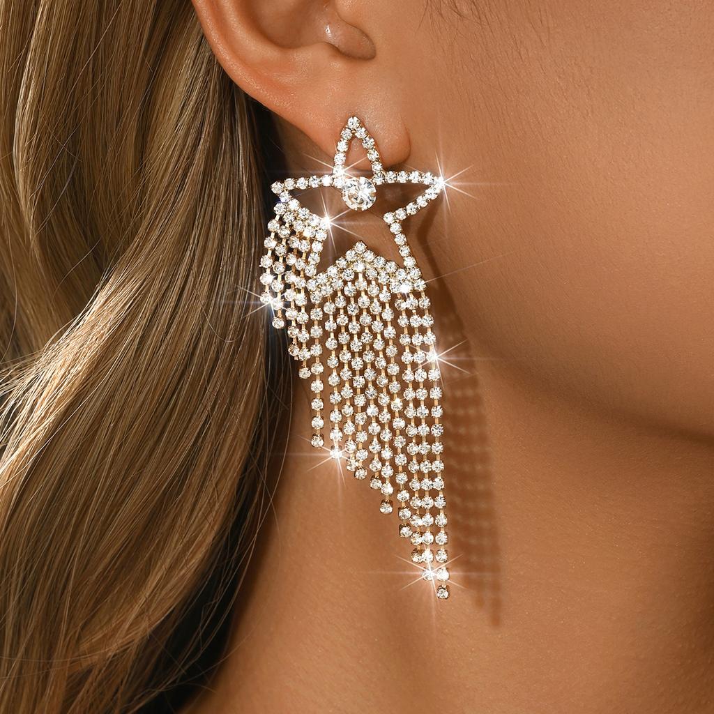 New trendy full diamond irregular tassel hollow star earrings, sweet and romantic cute earrings with accessories