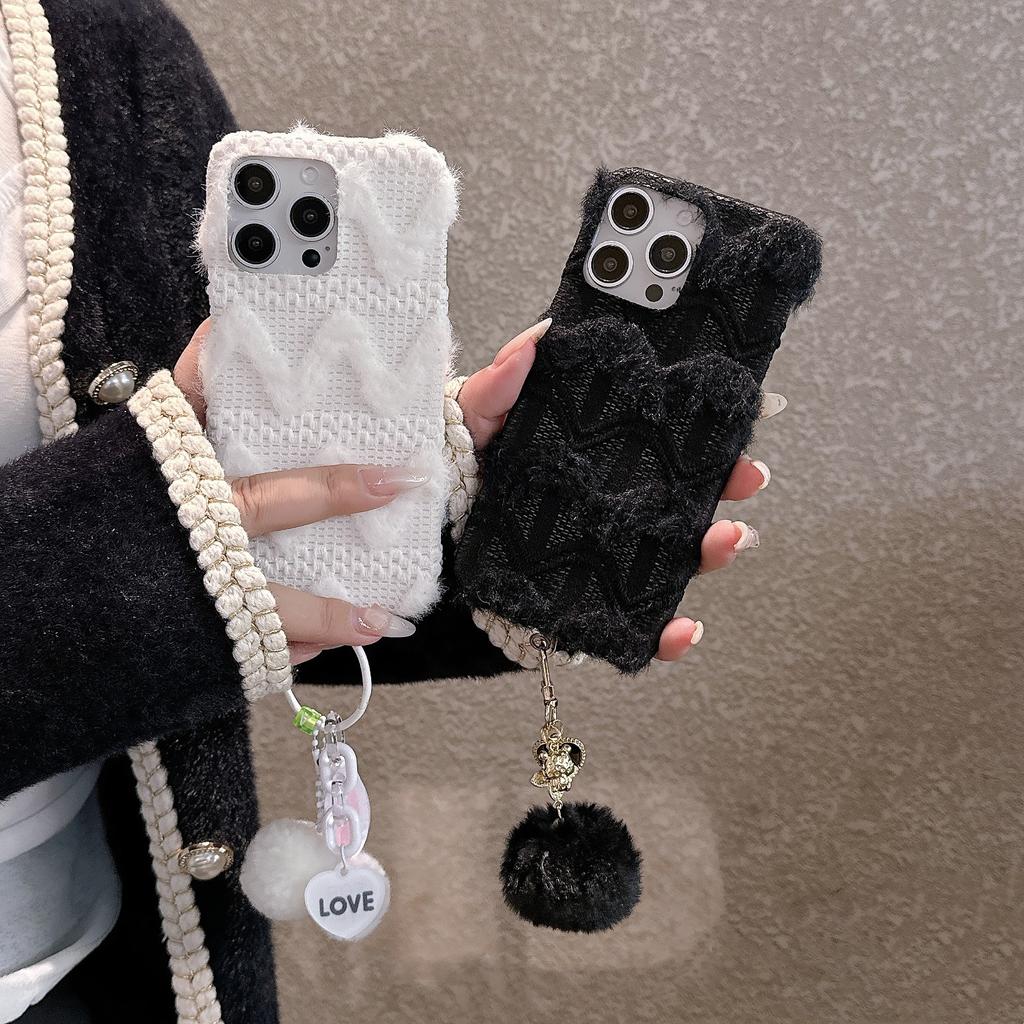 For iPhone 16 Pro Max Case Soft Plush Hard PC Winter Phone Cover with Cute Keychain Accessory