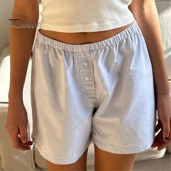 Women Summer Shorts Striped Print High Elastic Waist Retro Loose Above Knee Length Casual Sport Homewear Short Pants