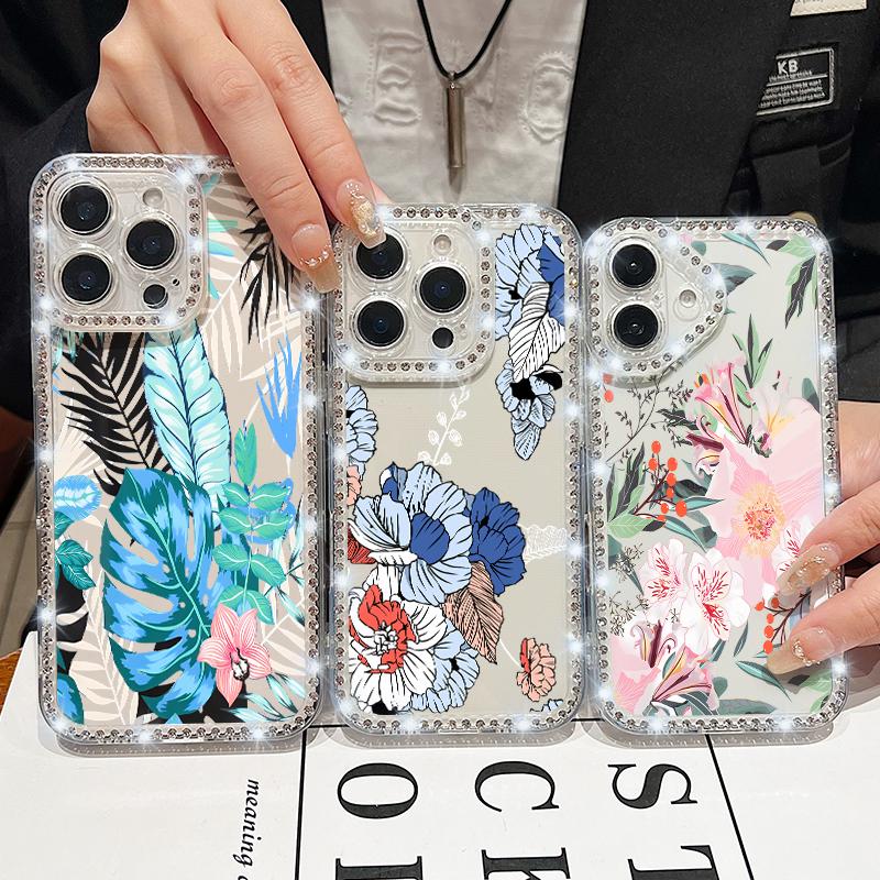 Luxury Floral Pattern Clear Shockproof Case For iPhone 16 Pro Max 16E 15 14 Pro 13 12 11 Diamond Frame Anti-Fall Soft Silicone Phone Cover