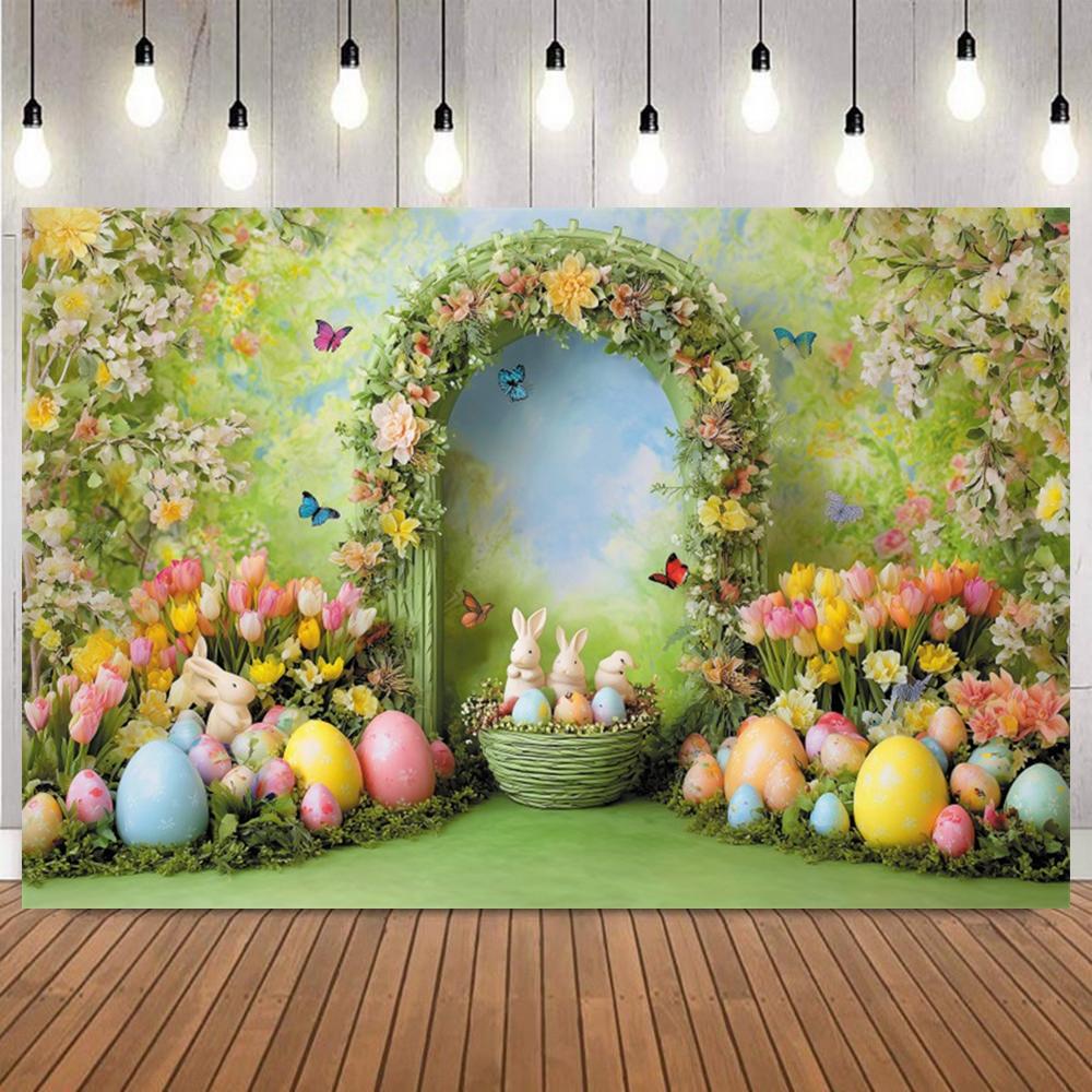 Easter Day Photo Background Flower Green Arch Easter Eggs Rabbit Kids Portrait Baby Shower Birthday Party Decor Backdrop Props5