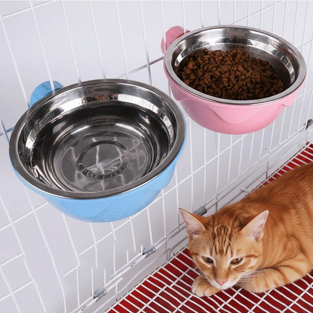 Non Tip Over Cage Mounted Cat Feeder Stainless Steel Cat Food Water Dish  Dog Feeding
